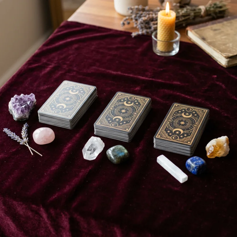 Three piles of tarot cards laid out on a velvet table with crystals