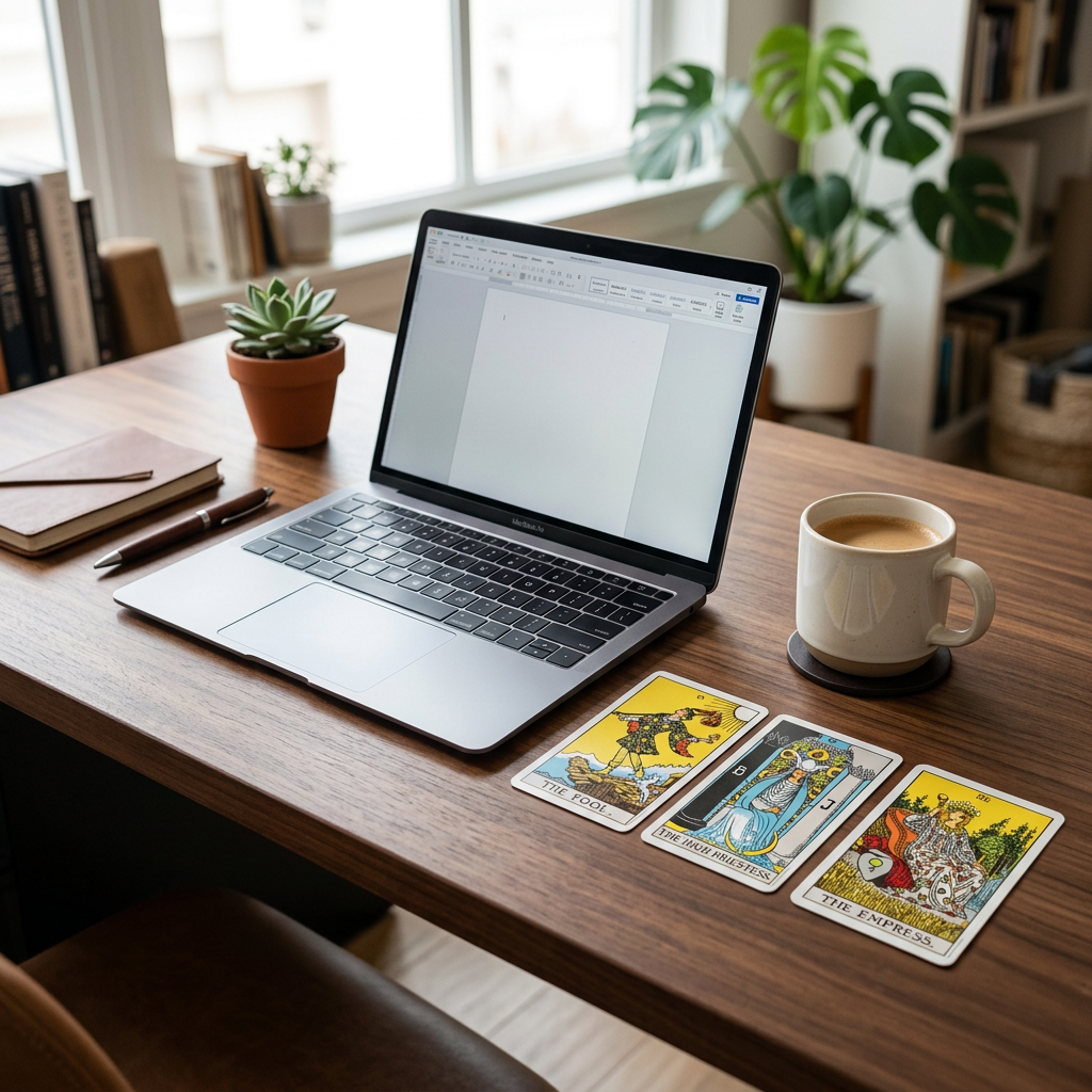 Ein aufgeräumter Büroschreibtisch mit Laptop, Kaffeetasse und drei nebeneinander liegenden Tarotkarten.