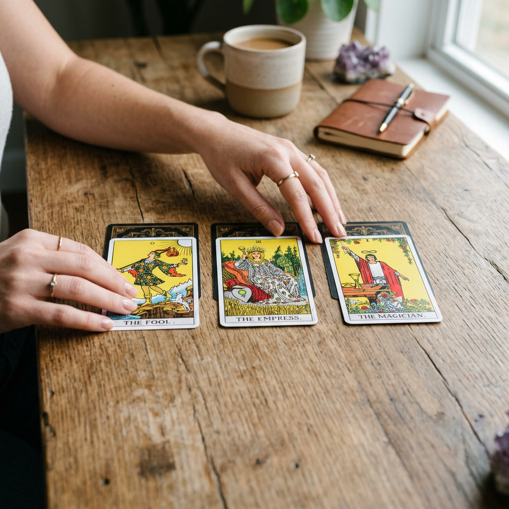 Hände legen drei Tarotkarten in einer ordentlichen horizontalen Linie auf einem Holzschreibtisch aus.