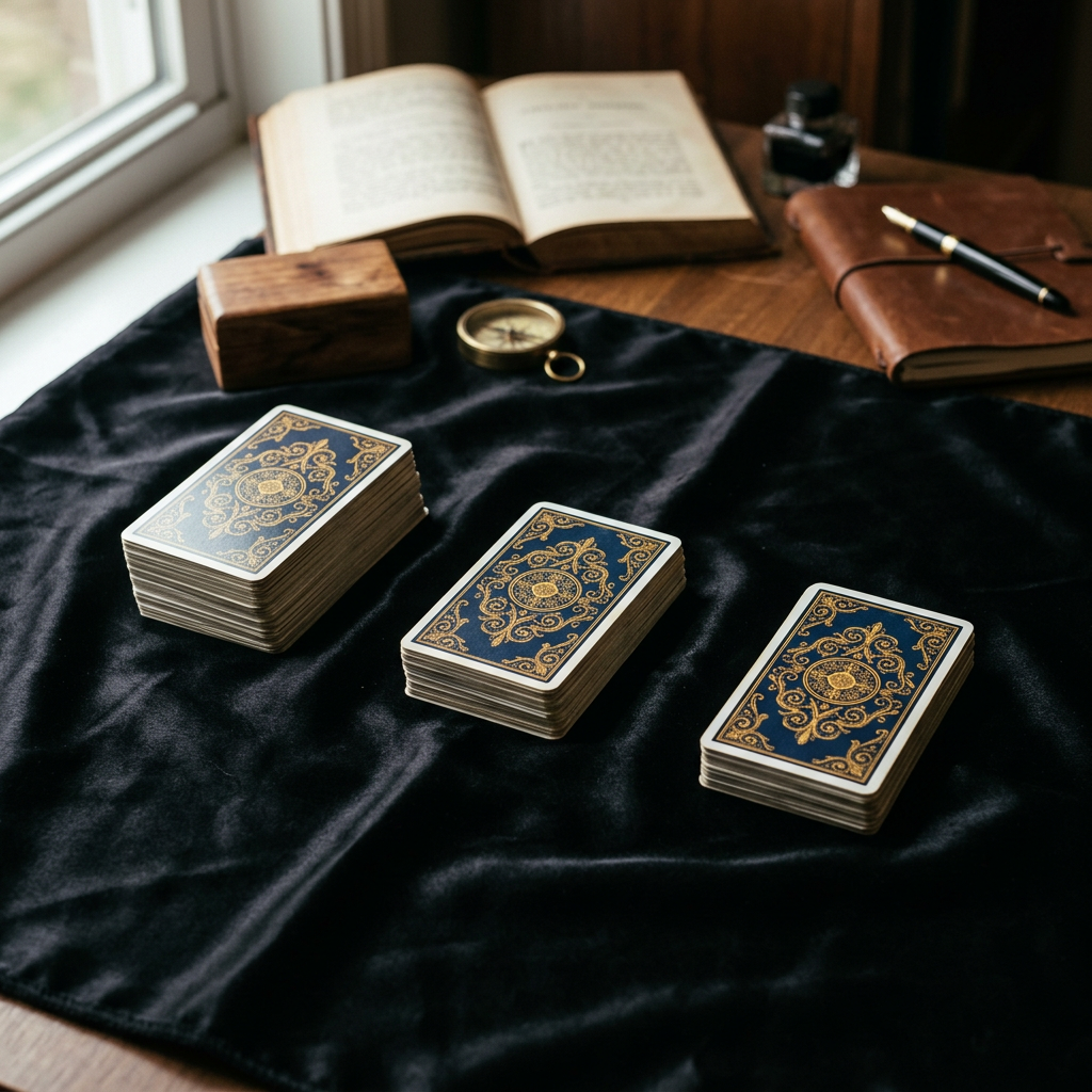 Drei verschiedene Stapel von Tarotkarten auf einem dunklen Tuch für ein akademisches Tarot-Reading