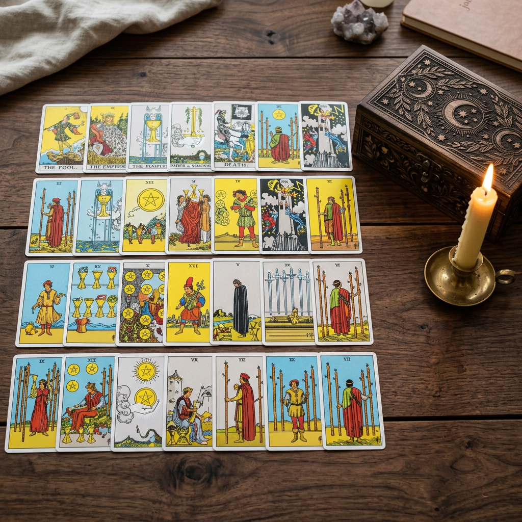 Klassisches 78-Karten-Tarot-Deck auf einem dunklen Holztisch, ausgelegt neben einer gravierten Schatulle und einer Kerze.