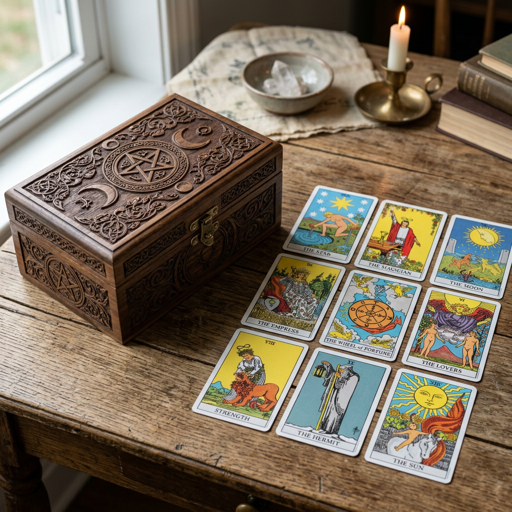 Handgefertigte Tarot-Aufbewahrungsbox aus Holz mit feinen Gravuren neben einer quadratisch ausgelegten Kartenlegung.