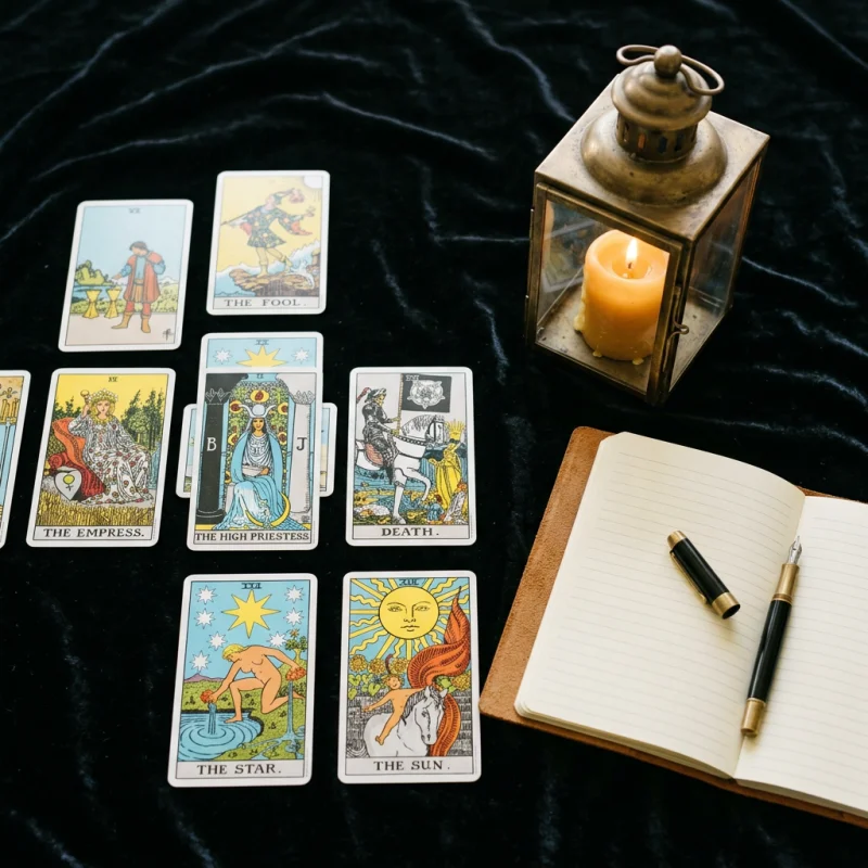 Tarot cards laid flat on dark velvet next to a brass lantern and notebook