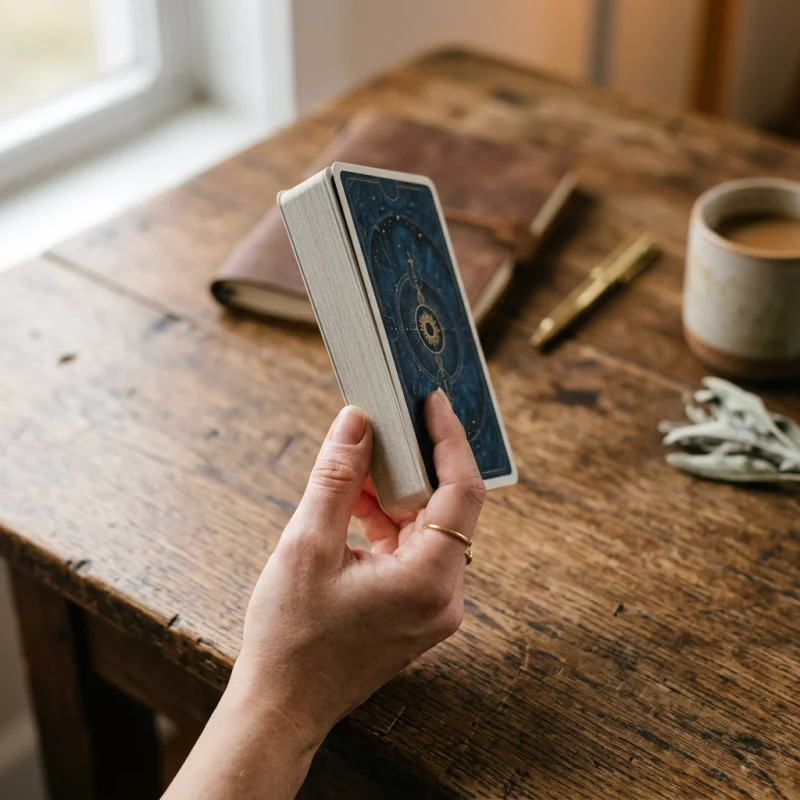 Close up of hand holding a thick matte tarot card over a wooden desk