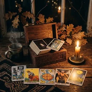 Traditional tarot deck spread for Samhain shadow work guidance beside an engraved wooden storage box.