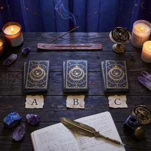 Tarot cards arranged in a study spread on a desk next to open books and a journal for academic focus.
