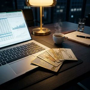 Person shuffling tarot cards on a modern office desk next to a laptop for workplace decision making.