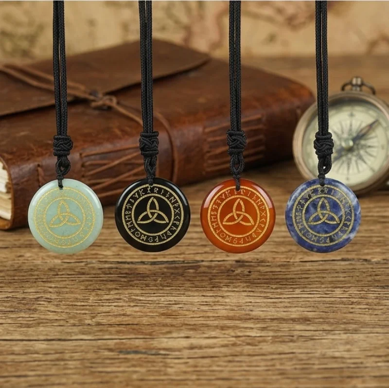 Sacred Symbol Natural Crystal Pendant Necklace (5 pieces) – Hand-Engraved Rune, Pentacle, Tree of Life & Egyptian Eye of Horus Designs | Multiple Natural Gemstone Choices | Spiritual Energy Jewelry for Tarot, Witchcraft & Metaphysical Gifts