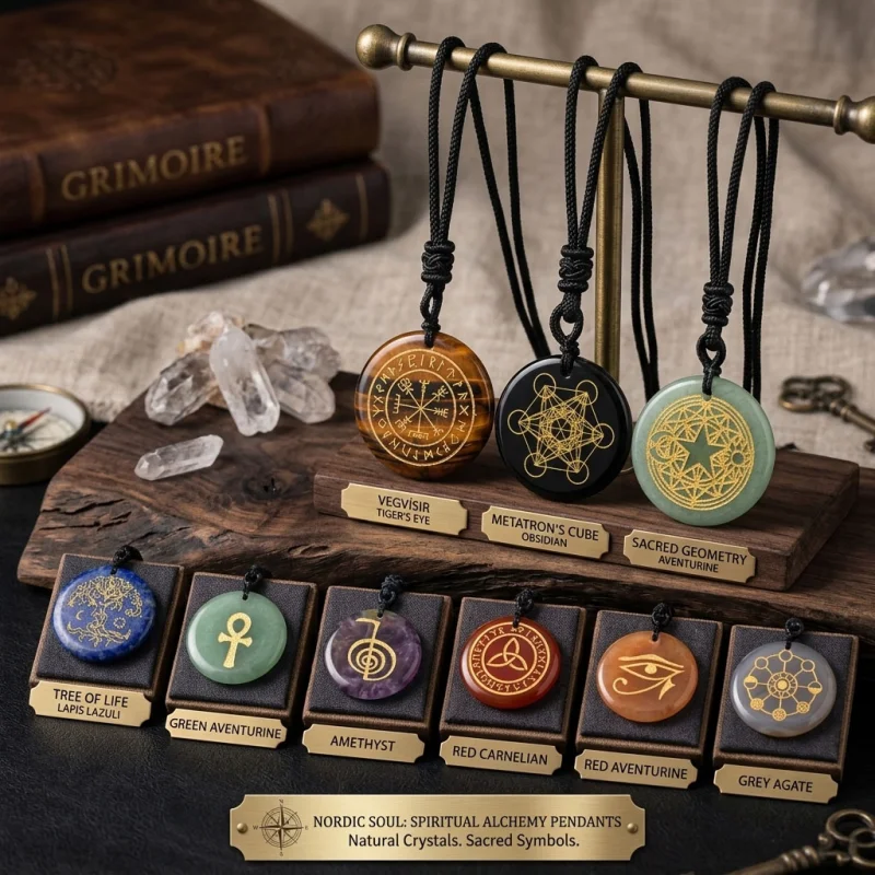 Sacred Symbol Natural Crystal Pendant Necklace (5 pieces) – Hand-Engraved Rune, Pentacle, Tree of Life & Egyptian Eye of Horus Designs | Multiple Natural Gemstone Choices | Spiritual Energy Jewelry for Tarot, Witchcraft & Metaphysical Gifts